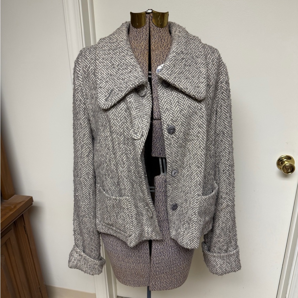 Liz Claiborne Wool Blend Herringbone Jacket Gray Button Front Coat Sz XL